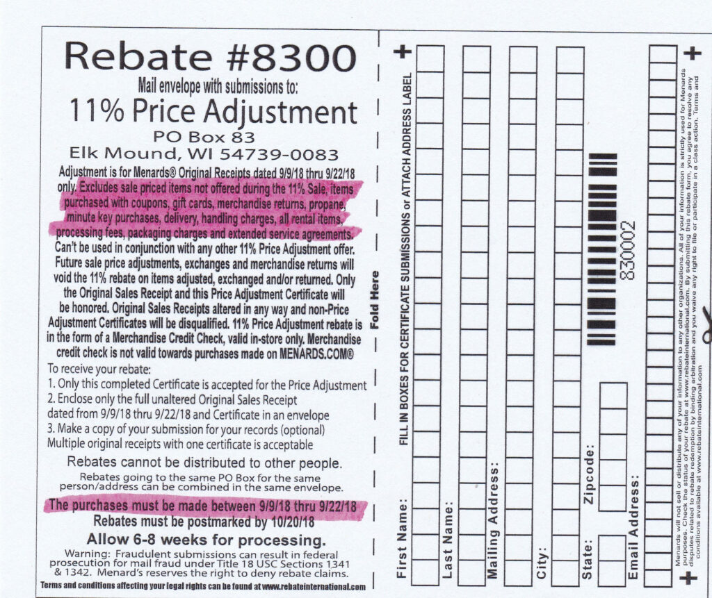 Menards Price Adjustment Rebate Form September 9 2024